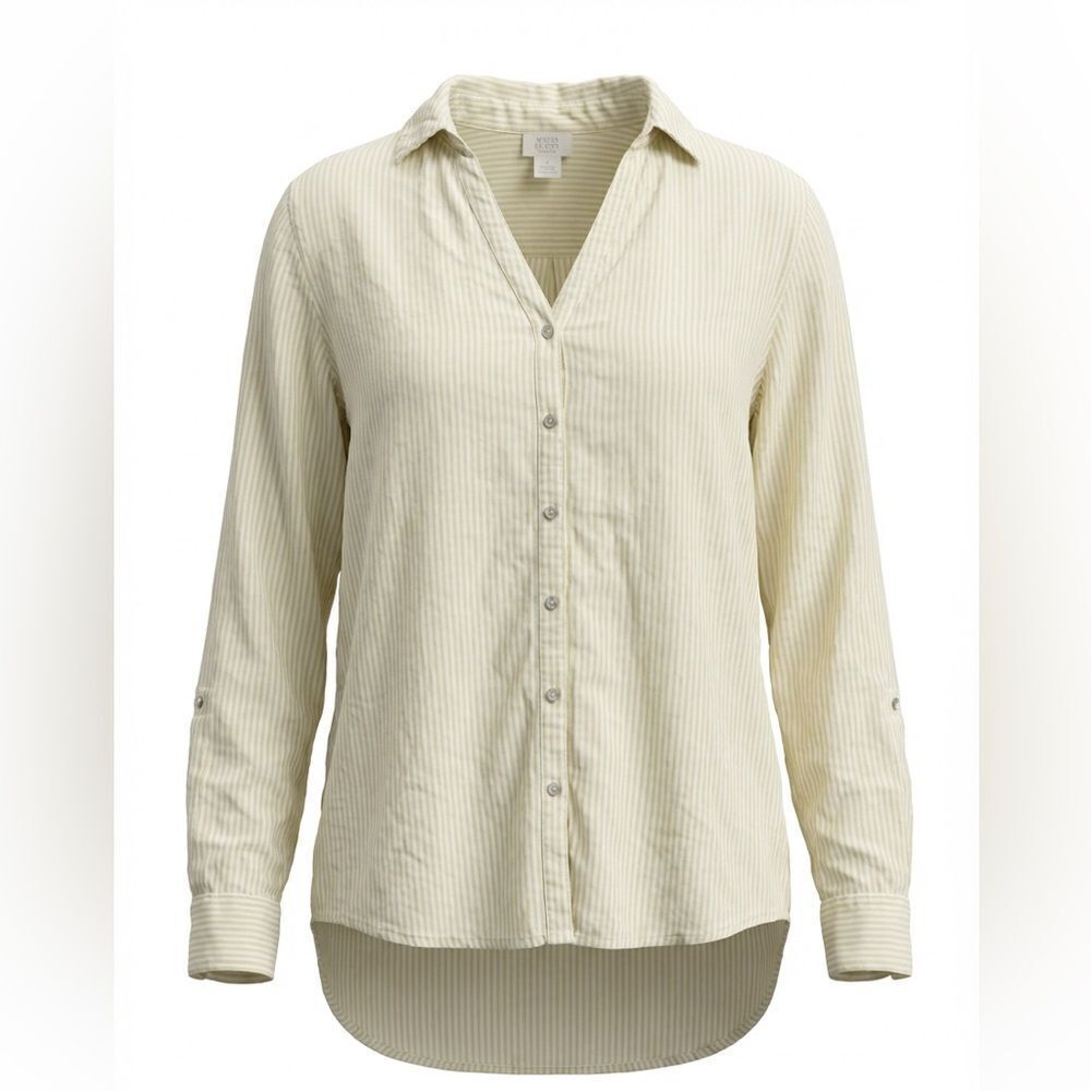 Sigrid Olsen Women's yellow and white striped Button-Up Top size XL. Linen